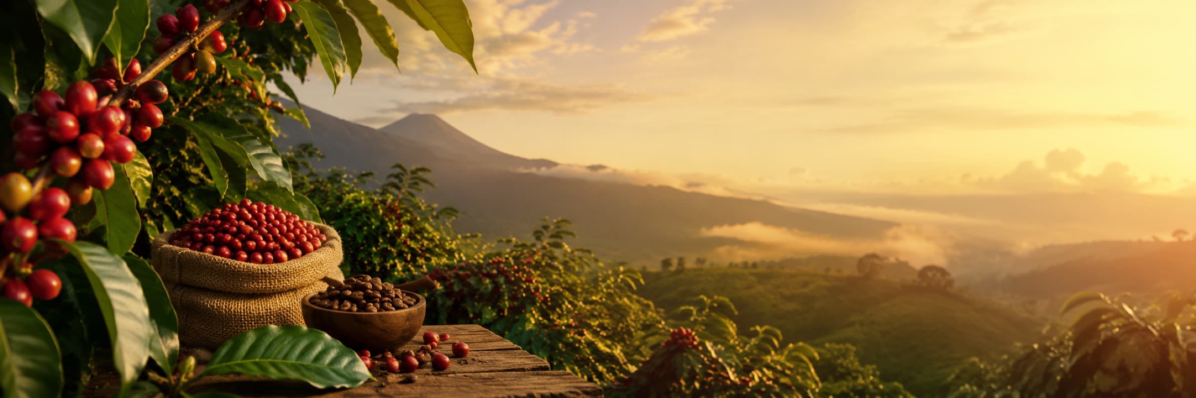 Finca de café en El Salvador con cherries maduras y vista al volcán